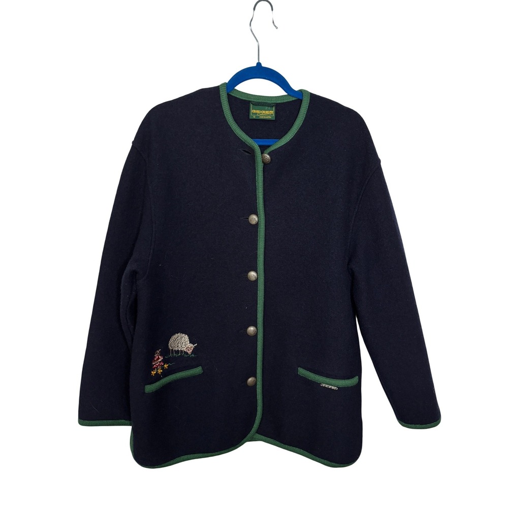 Geiger Collections Navy Boiled Wool Tyrolean Jacket Embroidered Sheep Austria